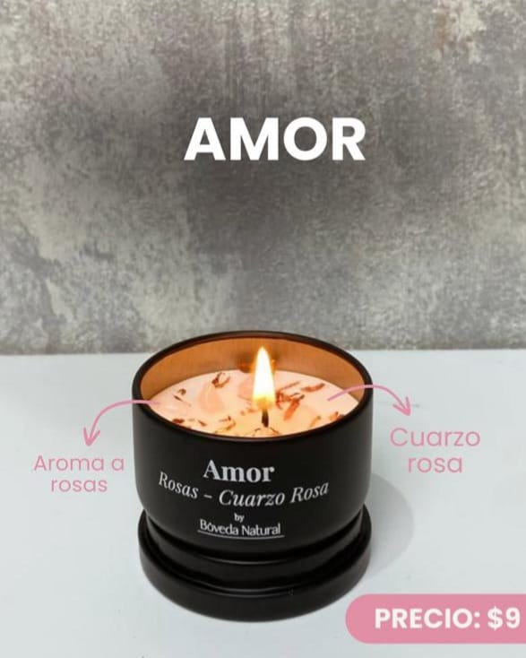 Vela Aromática “Amor” – Rosas & Cuarzo rosa