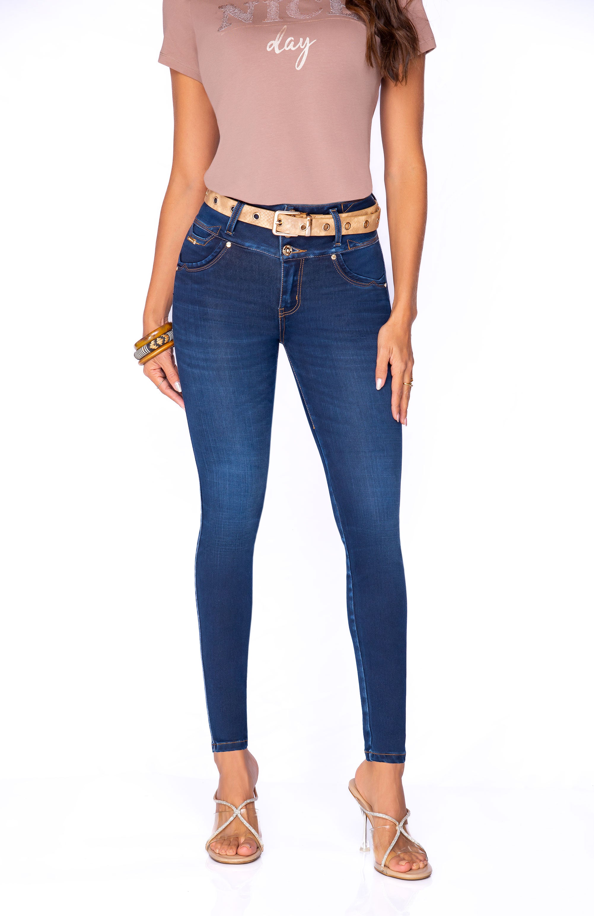 Skinny Jean con Cinturón Beige