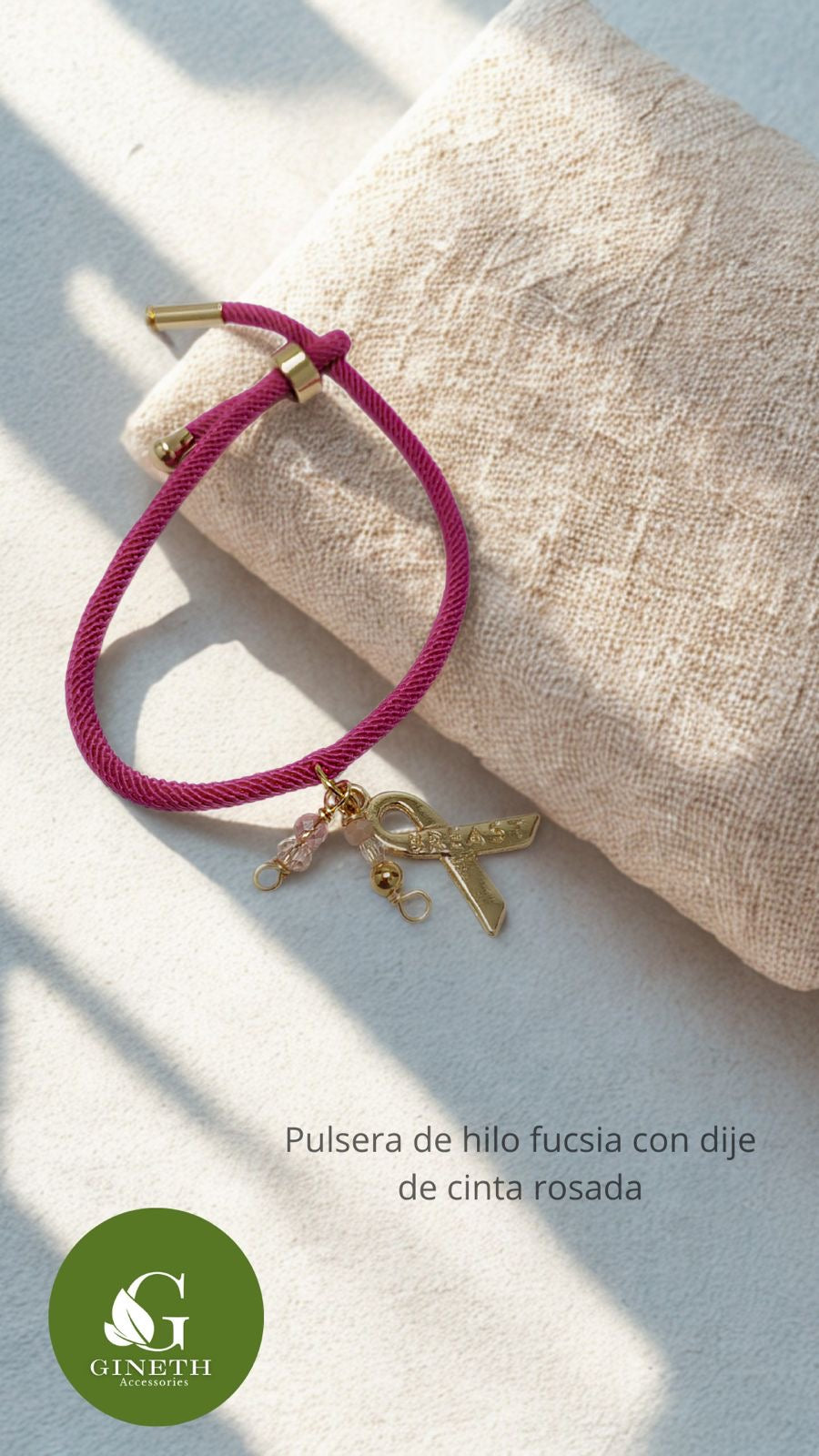 Pulsera de Hilo Fucsia con Dije de Cinta Rosada