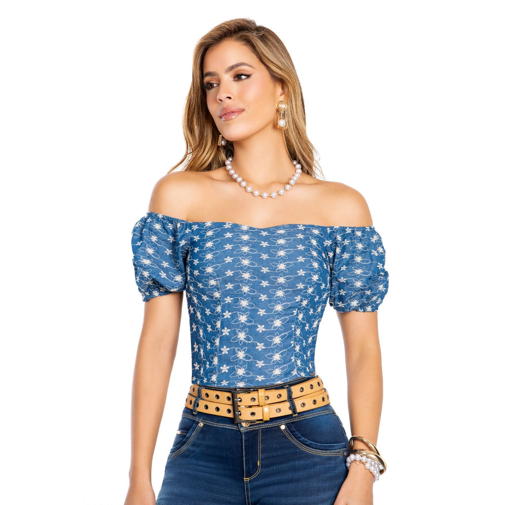 Blusa Azul con Detalles Blancos