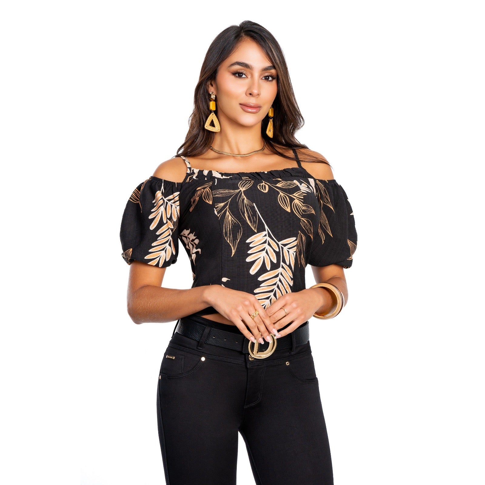 Blusa Negra con Detalles de Hojad