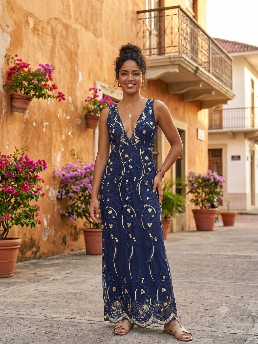 Vestido Encaje Dorado con Azul
