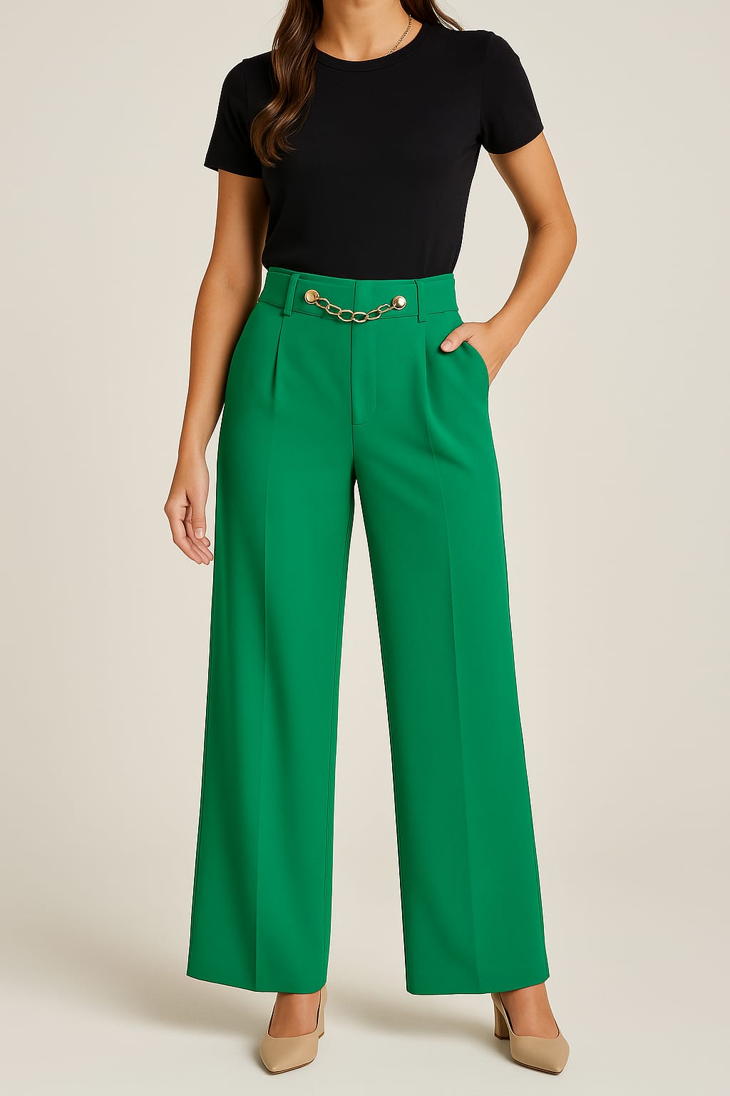 Pantalón Emerald Chic con Cadena Dorada