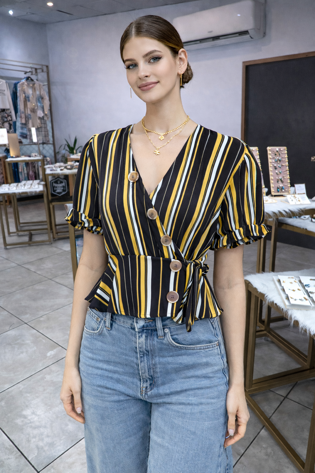 Blusa Cruzada a Rayas Amarillas y Negras