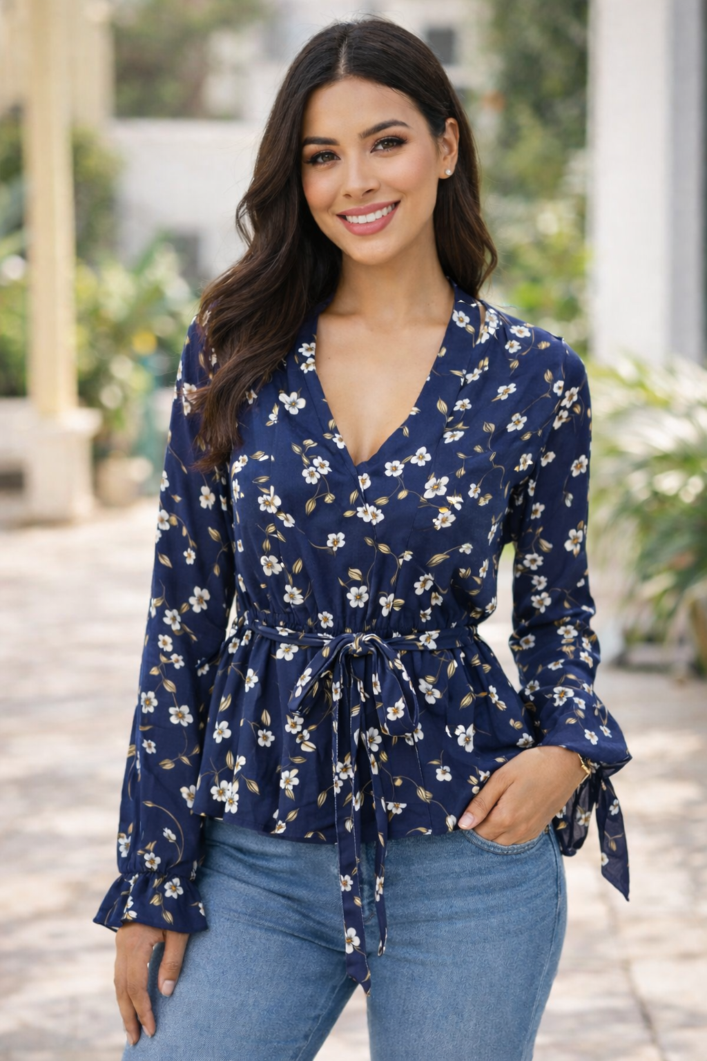 Blusa Mangas Largas Azul de Flores -SHEIN