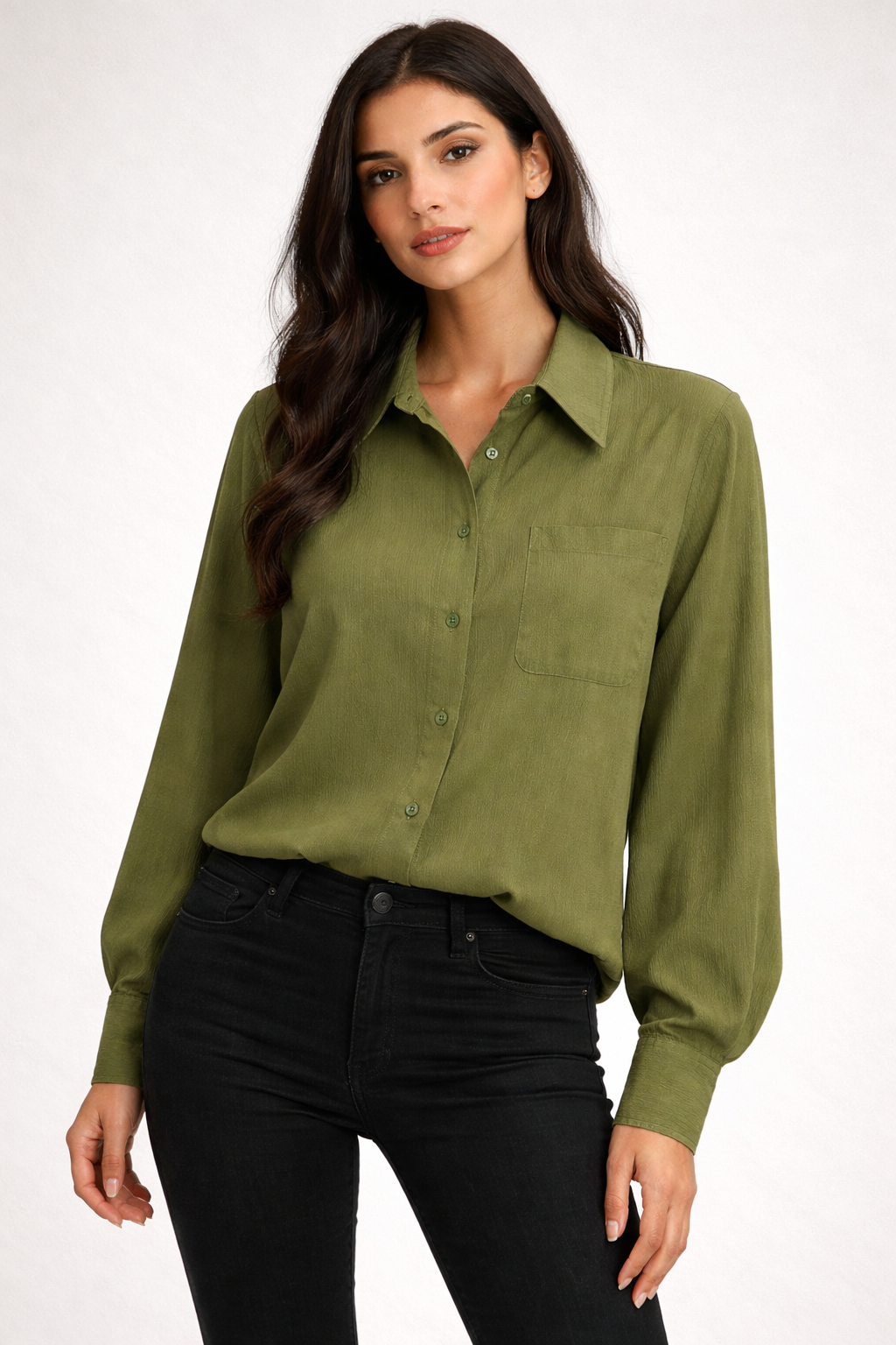 Blusa Camisera Verde Oliva de Manga Larga