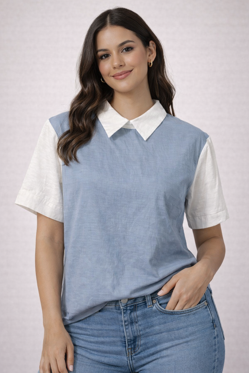 Blusa Bicolor Celeste con Blanco