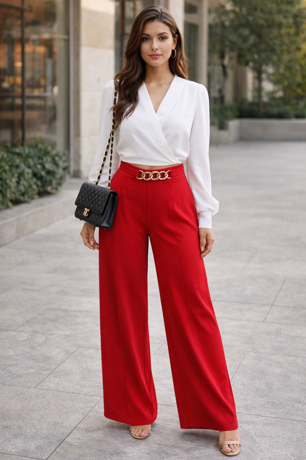 Pantalón Rojo con Cinturón de Cadena