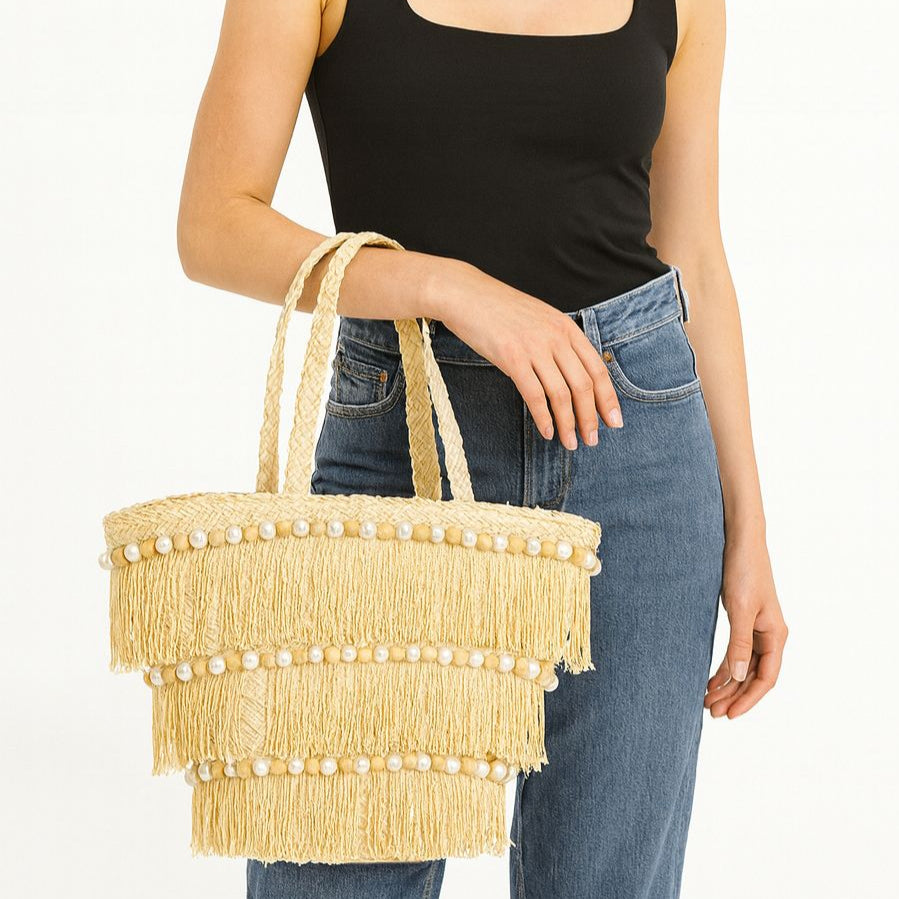 Bolso de Playa con Flecos y Perlas