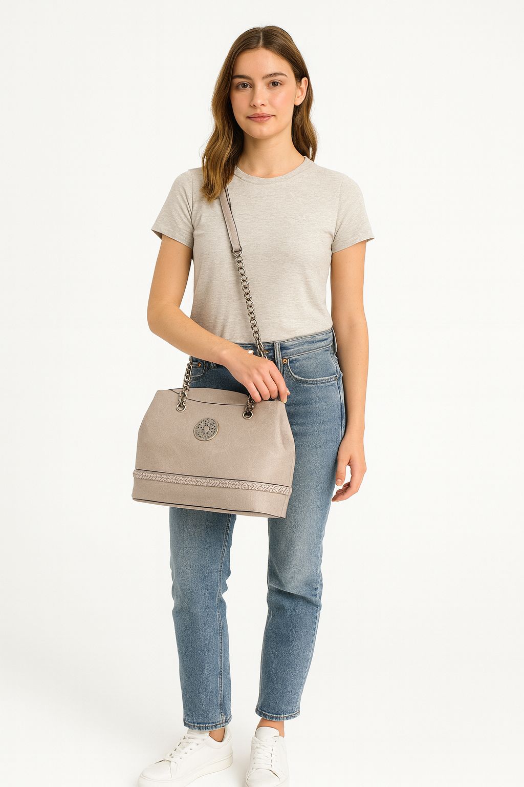 Cartera Elegancia Beige con Cadena