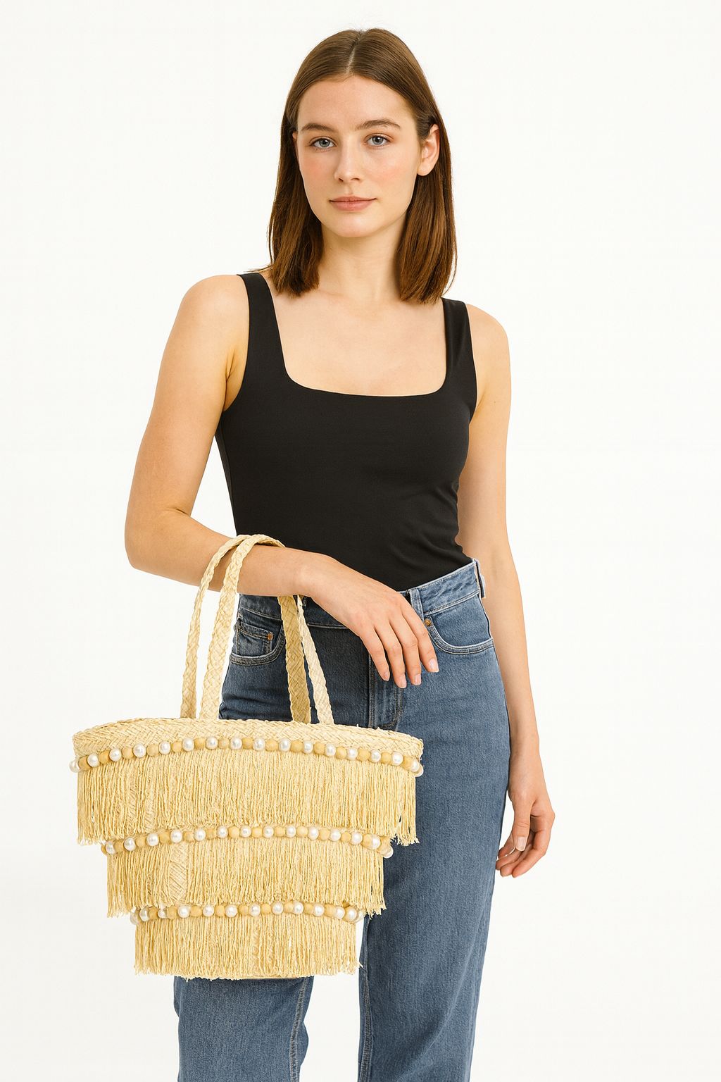 Bolso de Playa con Flecos y Perlas