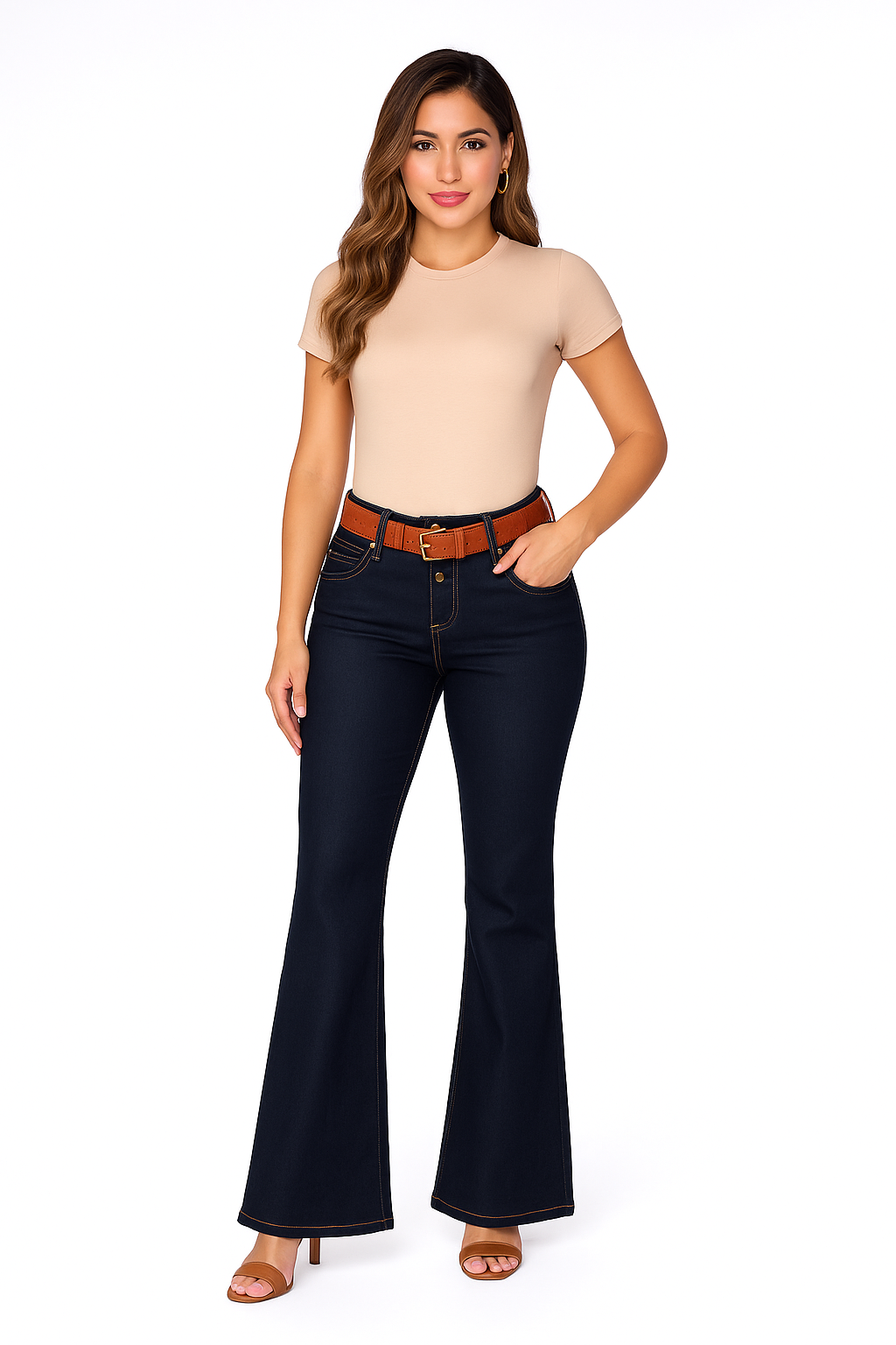 Dark Flare Jean con Cinturón Cuero